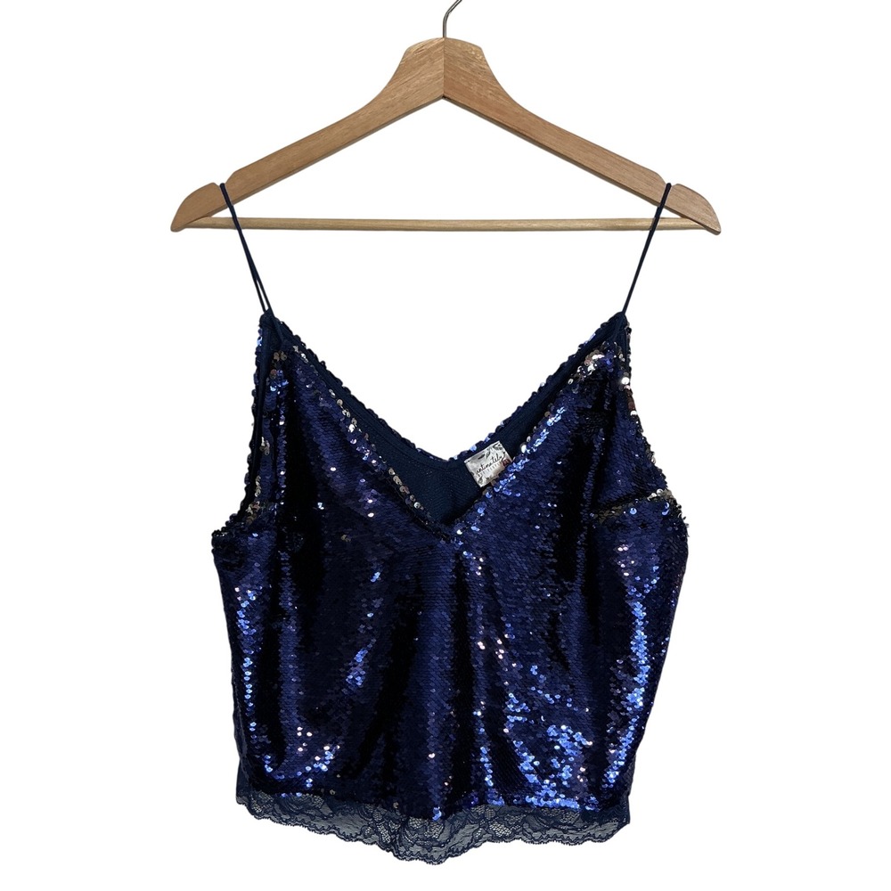 Free People XS Right Rhythm Sequin Lace Trim Cropped Cami Midnight blue